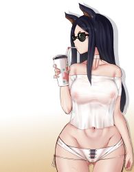 Rule 34 | 1girl, absurdres, animal ears, arknights, bare shoulders, black hair, breasts, choker, cowboy shot, cup, disposable cup, dobermann (arknights), dog ears, drinking, drinking straw, gluteal fold, highres, holding, holding cup, long hair, looking to the side, medium breasts, mole, mole under eye, no bra, off-shoulder shirt, off shoulder, panties, see-through, shirt, side-tie panties, sidelocks, simple background, solo, sunglasses, tinted eyewear, underwear, wenzheng147, white background, white choker, wide hips