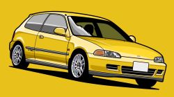 Rule 34 | car, commentary request, highres, honda, honda civic, license plate, motor vehicle, no humans, original, shadow, simple background, vehicle focus, yellow background, yellow theme, yuh 7929