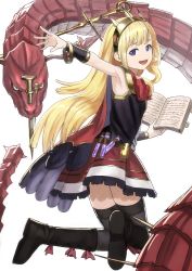 Rule 34 | 10s, 1girl, animal, bad id, bad pixiv id, black footwear, black thighhighs, blonde hair, blue eyes, book, boots, cagliostro (granblue fantasy), cape, commentary request, dress, full body, giant snake, granblue fantasy, headband, highres, holding, holding book, jumping, long hair, looking at viewer, looking back, open mouth, outstretched arm, oversized animal, red skirt, simple background, skirt, smile, thighhighs, tiara, vial, wasabi60, white background