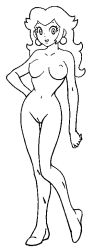 Rule 34 | 1girl, breasts, cleft of venus, earrings, female focus, full body, jewelry, lineart, long hair, mario (series), medium breasts, monochrome, navel, nintendo, nipples, nude, princess peach, pussy, sketch, smile, solo, standing, super mario bros. 1, transparent background, uncensored