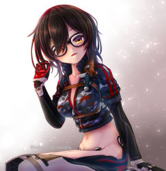 Rule 34 | 1girl, black-framed eyewear, black jacket, blush, breasts, brown hair, camouflage, camouflage jacket, cleavage, commentary, glasses, groin, hair between eyes, hair over one eye, highres, hololive, jacket, looking at viewer, mechanical arms, mechanical legs, mihanada kanata, navel, open mouth, roboco-san, roboco-san (1st costume), seiza, short hair, single mechanical arm, sitting, smile, solo, thighs, twitter username, virtual youtuber, yellow eyes, zipper
