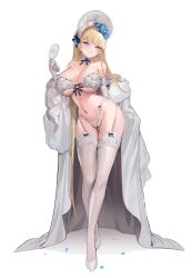 Rule 34 | 1girl, absurdres, bare shoulders, blonde hair, blue eyes, blush, breasts, cleavage, elbow gloves, full body, gloves, hair ornament, hand up, highres, large breasts, long hair, long sleeves, mendou kusai, navel, off shoulder, original, petals, simple background, solo, standing, stomach, thighhighs, thighs, underboob, white background, white footwear, white gloves, white thighhighs
