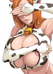 Rule 34 | 1girl, animal print, areola slip, ass, bare shoulders, bell, bleach, breasts, cleavage, cleavage cutout, clothing cutout, collar, cow print, cowbell, elbow gloves, gloves, highres, huge breasts, inoue orihime, iwao178, lips, nipples, shiny skin, simple background, solo