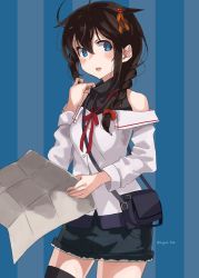 Rule 34 | 1girl, ahoge, bare shoulders, black thighhighs, blue background, blue eyes, blush, braid, breasts, brown hair, closed eyes, denim, denim skirt, hair flaps, hair ornament, highres, holding, holding map, kantai collection, long hair, long sleeves, looking at viewer, map, medium breasts, off-shoulder shirt, off shoulder, open mouth, ribbon, shigure (kancolle), shigure kai ni (kancolle), shirt, single braid, skirt, sleeveless, sleeveless shirt, smile, solo, standing, striped, striped background, sugue tettou, thighhighs, turtleneck, twitter username