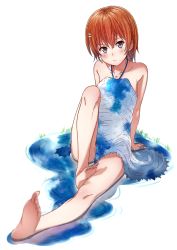 Rule 34 | 1girl, bad id, bad pixiv id, bare shoulders, barefoot, breasts, brown eyes, brown hair, dress, feet, full body, highres, isshi pyuma, long legs, original, short hair, sideboob, simple background, sitting, small breasts, soles, solo, toes