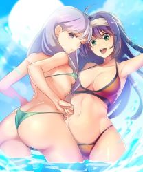 Rule 34 | 2girls, ahoge, ass, bikini, blue sky, breasts, butt crack, cleavage, commentary request, day, fire emblem, fire emblem: path of radiance, fire emblem: radiant dawn, from behind, green eyes, hairband, ilyana (fire emblem), kokouno oyazi, large breasts, light purple hair, long hair, looking at viewer, looking back, medium breasts, mia (fire emblem), midriff, multiple girls, navel, nintendo, open mouth, orange bikini, purple eyes, purple hair, sky, smile, standing, swimsuit, water, white hairband