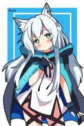 Rule 34 | 1girl, absurdres, animal ears, arknights, black gloves, black jacket, black ribbon, blue background, blue scarf, blush, border, bracelet, closed mouth, cowboy shot, dress, fingerless gloves, fox ears, fox girl, gloves, green eyes, hand on own chest, head tilt, hendra, highres, infection monitor (arknights), inset border, jacket, jewelry, legs apart, long hair, looking at viewer, neck ribbon, open clothes, open jacket, outside border, pelvic curtain, ribbon, rosmontis (arknights), scarf, side slit, signature, simple background, sleeveless, sleeveless dress, solo, straight hair, thigh strap, white border, white dress, white hair