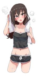 Rule 34 | 1girl, :o, absurdres, after bathing, alternate costume, black hair, black shorts, black tank top, blush, collarbone, cropped legs, dolphin shorts, groin, head tilt, highres, holding, holding towel, idolmaster, idolmaster cinderella girls, long hair, looking at viewer, mole, mole under eye, navel, open mouth, scarf, shorts, simple background, solo, standing, steam, sunazuka akira, sweat, tank top, towel, wasabijoyu76, water drop, wet, wet hair, white background