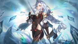 Rule 34 | 1girl, aqua eyes, black bodysuit, bodysuit, braid, breast curtain, breasts, bridal gauntlets, closed mouth, commentary, covered navel, detached sleeves, earrings, english commentary, floating hair, genshin impact, gold trim, grey hair, hand up, highres, hip vent, holding, holding polearm, holding weapon, jewelry, kuji-in, large breasts, long hair, looking at viewer, low-braided long hair, low-tied long hair, polearm, shenhe (genshin impact), signature, snowflakes, solo, stormstx, tassel, tassel earrings, very long hair, weapon