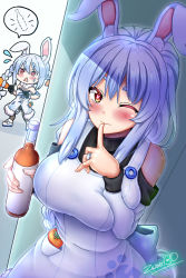 Rule 34 | 2girls, animal ear fluff, animal ears, apron, artist name, bare shoulders, black gloves, black leotard, black shirt, blue hair, blush, bottle, braid, breasts, carrot, coat, commentary, don-chan (usada pekora), english commentary, finger to mouth, flying sweatdrops, garter straps, gloves, hair between eyes, highres, holding, holding bottle, hololive, jewelry, large breasts, leotard, looking at viewer, mature female, mother and daughter, multicolored hair, multiple girls, one eye closed, pantyhose, pekomama, rabbit-shaped pupils, rabbit ears, rabbit girl, red eyes, ring, shirt, sweatdrop, symbol-shaped pupils, thick eyebrows, triangle mouth, twin braids, two-tone hair, usada pekora, usada pekora (1st costume), virtual youtuber, white coat, white hair, zero130