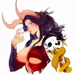 Rule 34 | 1girl, animal skull, armlet, armor, asymmetrical armor, asymmetrical hair, blush, bottomless, bracer, braid, breastplate, breasts, claw pose, cleavage, cleavage cutout, closed mouth, clothing cutout, colorized, curved horns, deep cleavage, demon, demon girl, demon horns, female focus, fingernails, gabriel carrasquillo, grey eyes, hair on breasts, hair ornament, highres, horns, impossible clothes, inktober, large breasts, linea alba, long hair, long horns, looking at viewer, original, pauldrons, portrait, purple hair, red armor, sharp fingernails, shoulder armor, simple background, solo, underboob