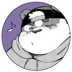 Rule 34 | 1boy, alp (housamo), animal ears, backwards hat, bara, blush, border, chibi, circle, commentary, diru, fat, fat man, furry, furry male, greyscale with colored background, hat, hood, hood down, hoodie, male focus, musical note, one eye closed, panda boy, panda ears, portrait, purple background, round image, screentones, solo, thick eyebrows, tokyo houkago summoners, whistling, white border