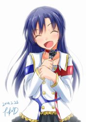 Rule 34 | 10s, 1girl, 2014, black skirt, blue hair, collar, collarbone, dated, closed eyes, fuku d, holding, holding microphone, idolmaster, idolmaster (classic), idolmaster movie, kisaragi chihaya, long hair, microphone, open mouth, pleated skirt, signature, simple background, skirt, solo, tears, white background