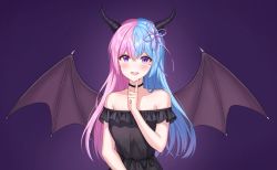 Rule 34 | 1girl, :d, absurdres, bare shoulders, black dress, blue hair, blush, breasts, choker, collarbone, colored eyelashes, commentary, demon girl, demon horns, demon wings, dress, finger to own chin, frilled sleeves, frills, hair ribbon, heart, highres, horns, long hair, looking at viewer, medium breasts, multicolored eyebrows, multicolored hair, open mouth, original, pink hair, pink ribbon, purple background, purple eyes, ribbon, sarin (seoling), short sleeves, smile, solo, split-color hair, two-tone hair, wings