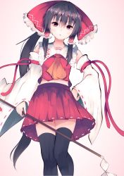 Rule 34 | 1girl, ascot, bad id, bad pixiv id, black hair, black thighhighs, bow, darumoon, detached sleeves, feet out of frame, gohei, hair between eyes, hair bow, hair tubes, hakurei reimu, hand on own hip, head tilt, highres, holding, long hair, looking at viewer, midriff, miniskirt, ponytail, red bow, red eyes, red skirt, red vest, ribbon-trimmed skirt, ribbon-trimmed sleeves, ribbon trim, shide, sidelocks, simple background, skirt, skirt set, solo, thighhighs, touhou, very long hair, vest, wide sleeves, yellow ascot, zettai ryouiki