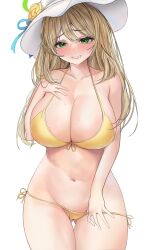 Rule 34 | 1girl, bikini, blonde hair, blue archive, breasts, clenched teeth, commentary, gluteal fold, green eyes, halo, hand on own chest, hat, highres, huge breasts, long hair, mu (0000 hif), navel, nonomi (blue archive), official alternate costume, side-tie bikini bottom, sideboob, simple background, solo, standing, stomach, sweat, swimsuit, teeth, thighs, wet, white background, white hat, yellow bikini