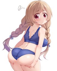 Rule 34 | 1girl, absurdres, ass, ass grab, back, bare arms, bare shoulders, blush, braid, breasts, commentary request, cowboy shot, from behind, grabbing own ass, highres, kantai collection, kurokoshou (emuburemu123), large breasts, leaning forward, light brown hair, long hair, looking at viewer, looking back, minegumo (kancolle), red eyes, shorts, simple background, solo, squiggle, standing, sweatdrop, swimsuit, thighs, twin braids, underwear, underwear only, white background