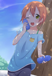 Rule 34 | 10s, 1girl, ;d, animal print, bare shoulders, bike shorts, blue sky, bottle, bra, brown hair, can to cheek, cat print, cloud, collarbone, commentary request, dappled sunlight, day, green bra, highres, hoshizora rin, looking at viewer, love live!, love live! school idol festival, love live! school idol project, makuran, off shoulder, one eye closed, open mouth, outstretched arm, outstretched hand, shirt, short sleeves, sky, smile, soda, solo, sunlight, t-shirt, tree, underwear, wink, yellow eyes