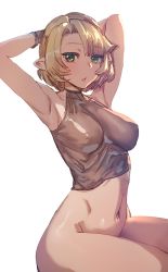 Rule 34 | 1girl, armpits, blonde hair, bottomless, bow (bhp), breasts, brown shirt, closed mouth, covered erect nipples, elf, green eyes, hands up, looking at viewer, medium breasts, medium hair, navel, original, pointy ears, shirt, simple background, sitting, solo, white background