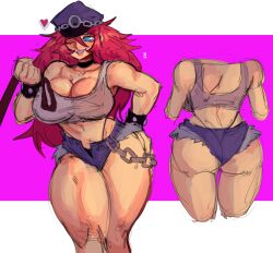 Rule 34 | 1girl, absurdres, ass, black panties, blue eyes, breasts, capcom, chain, choker, cleavage, crop top, denim, denim shorts, final fight, heart, highleg, highleg panties, highres, huge ass, huge breasts, large breasts, long hair, navel, one eye closed, open fly, panties, pink hair, poison (final fight), short shorts, shorts, solo, street fighter, thick thighs, thighs, thong, underwear, widisu, wink, wristband
