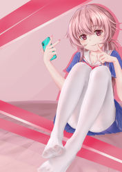 Rule 34 | 1girl, absurdres, blue shirt, blue skirt, bow, bowtie, breasts, chinese commentary, cleavage, collarbone, feet, finger to mouth, gasai yuno, highres, holding, holding phone, jidai no konoe, looking at viewer, medium hair, mirai nikki, nail polish, no shoes, panties, panties under pantyhose, pantyhose, phone, pink bow, pink bowtie, pink eyes, pink hair, pink nails, sailor collar, shirt, short sleeves, short twintails, sitting, skirt, smile, solo, toes, twintails, underwear, white panties, white pantyhose, white sailor collar