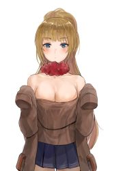 Rule 34 | 1girl, bare shoulders, blue eyes, blue skirt, blush, breasts, brown jacket, chan1moon, cleavage, collarbone, commentary, highres, jacket, large breasts, long hair, off-shoulder jacket, off shoulder, original, ponytail, simple background, skirt, sleeves past fingers, sleeves past wrists, solo, very long hair, white background