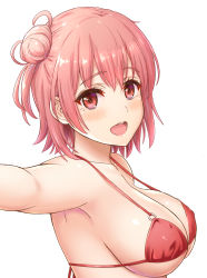 Rule 34 | 1girl, absurdres, bikini, breasts, cleavage, commentary, from side, hair bun, halterneck, highres, inanaki shiki, large breasts, looking at viewer, open mouth, pink bikini, pink eyes, pink hair, short hair, side bun, simple background, single hair bun, single side bun, smile, solo, swimsuit, upper body, white background, yahari ore no seishun lovecome wa machigatteiru., yuigahama yui