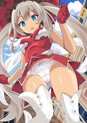 Rule 34 | 1girl, blue eyes, boots, breasts, cameltoe, dress, fate/grand order, fate (series), from below, gloves, grey hair, highres, large hat, long hair, marie antoinette (fate), medium breasts, outdoors, panties, red dress, red gloves, red headwear, shimouki izui, short dress, sleeveless, sleeveless dress, solo, standing, thigh boots, twintails, underwear, upskirt, very long hair, white footwear, white panties