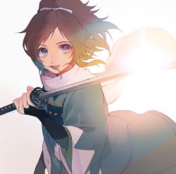 Rule 34 | 10s, 1girl, bad id, bad pixiv id, female focus, gradient background, looking at viewer, male focus, momoshiki tsubaki, open mouth, simple background, smile, solo, sword, touken ranbu, weapon, white background, yamato-no-kami yasusada