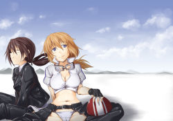 Rule 34 | 2girls, bad id, bad pixiv id, belt, blue eyes, blush, breasts, brown hair, cameltoe, charlotte e. yeager, cleavage, closed eyes, fingerless gloves, gertrud barkhorn, gloves, goggles, kuronyan, long hair, midriff, multiple girls, navel, orange hair, panties, ponytail, strike witches, underwear, white panties, world witches series