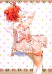 Rule 34 | 1girl, absurdres, blue eyes, blush, bow, bowtie, breasts, dress, dsmile, hair bun, hand up, highres, kneepits, long sleeves, looking at viewer, looking back, medium breasts, original, polka dot, polka dot background, red hair, sailor collar, scan, shiny skin, simple background, single hair bun, solo, thighhighs, white thighhighs, zettai ryouiki