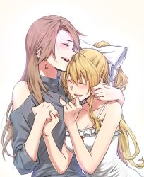 Rule 34 | 2girls, ^ ^, alternate costume, bare shoulders, blonde hair, blush, bow, breasts, cleavage, closed eyes, clothing cutout, commentary request, dress, earrings, closed eyes, granblue fantasy, grey sweater, hair bow, holding hands, holding person, jewelry, katalina (granblue fantasy), laughing, long hair, miso-ha (ukyuu), multiple girls, open mouth, ponytail, red eyes, short dress, shoulder cutout, sweater, turtleneck, turtleneck sweater, vira (granblue fantasy), white bow, white dress, yuri