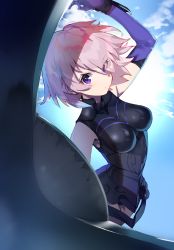 Rule 34 | 1girl, armor, armored leotard, black armor, blue sky, breastplate, closed mouth, commentary request, detached sleeves, elbow gloves, eyes visible through hair, fate/grand order, fate (series), floating hair, gloves, highres, holding, holding shield, holding weapon, light purple hair, looking at viewer, mash kyrielight, purple eyes, purple gloves, shadow, shield, short hair, sky, solo, sunlight, tsukudani (ore624), weapon