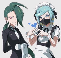 Rule 34 | 1boy, 1girl, androgynous, apron, aqua eyes, aqua hair, bbhdrrr, blue hair, bright pupils, butler, collared shirt, creatures (company), crossdressing, earrings, female butler, finger heart, formal, frills, game freak, gloves, green hair, grusha (pokemon), hair over one eye, highres, jewelry, long hair, long sleeves, looking at viewer, maid, maid apron, maid headdress, mask, mouth mask, necktie, nintendo, pokemon, pokemon sv, puffy sleeves, red eyes, rika (pokemon), shirt, smile, suit, sweat, trap, white pupils