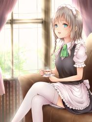 Rule 34 | 1girl, apron, aqua eyes, ascot, braid, couch, crossed legs, cup, curtains, female focus, hair ribbon, highres, izayoi sakuya, maid, maid apron, maid headdress, md5 mismatch, moai715, open mouth, puffy sleeves, resolution mismatch, ribbon, shirt, short sleeves, silver hair, sitting, skirt, skirt set, smile, solo, source larger, sunlight, teacup, thighhighs, touhou, twin braids, vest, waist apron, white thighhighs, window, zettai ryouiki