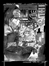 Rule 34 | 1girl, :t, blush, bowl, building, chopsticks, closed mouth, cyberpunk, dated, eating, english text, eyewear on head, food, food in mouth, food on face, framed, from side, greyscale, hand up, hatching (texture), highres, holding, holding chopsticks, jacket, linear hatching, looking down, maeya susumu, meandros, monochrome, noodles, nose blush, original, ramen, robot, round eyewear, salt shaker, scenery, science fiction, shrimp, sign, signature, steam, sweat, table, tinted eyewear, topknot, upper body, v-shaped eyebrows