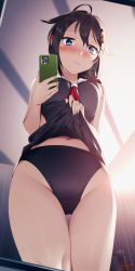 Rule 34 | 1girl, ahoge, black hair, black serafuku, black skirt, blew andwhite, blue eyes, blush, braid, cellphone, clothes lift, commission, gluteal fold, hair flaps, hair ornament, hair over shoulder, hair ribbon, highres, holding, holding phone, kantai collection, lifting own clothes, long hair, navel, neckerchief, one-piece swimsuit, phone, pixiv commission, public indecency, red neckerchief, ribbon, school uniform, selfie, serafuku, shigure (kancolle), shirt lift, signature, single braid, skirt, skirt lift, smartphone, solo, swimsuit, swimsuit under clothes
