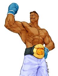Rule 34 | 1boy, abs, absurdres, alternate costume, arm up, artist name, belt, black hair, blue eyes, boxer, boxing gloves, closed mouth, collarbone, dark skin, dudley, facial hair, hand on own hip, highres, looking ahead, male focus, muscular, muscular male, mustache, nishimura kinu (style), parted bangs, pectorals, setsuna kasugano, short hair, street fighter, topless male, very dark skin, white background