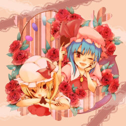 Rule 34 | 2girls, bat wings, blonde hair, blue hair, bow, bowtie, brown background, buutan, closed mouth, collared shirt, crossed arms, flandre scarlet, floral background, flower, hat, index finger raised, leaf, mob cap, multiple girls, one eye closed, open mouth, pink headwear, pink shirt, puffy short sleeves, puffy sleeves, red bow, red bowtie, red eyes, red flower, red rose, remilia scarlet, rose, shirt, short sleeves, siblings, simple background, sisters, touhou, upper body, white headwear, white shirt, wings