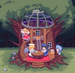 Rule 34 | 4girls, bad id, bad pixiv id, blonde hair, book, chibi, cirno, cross-section, cup, house, indoors, jar, kou 2008, ladder, luna child, multiple girls, nature, perfect memento in strict sense, pixel art, star sapphire, sunny milk, table, touhou, tree, window