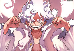 Rule 34 | 1boy, alternate form, aosora2823, artist name, clenched hands, cloud hair, commentary, curly eyebrows, curly hair, facial scar, gear fifth, looking at viewer, male focus, monkey d. luffy, one piece, open clothes, open mouth, scar, scar on cheek, scar on chest, scar on face, short hair, smile, solo, v-shaped eyebrows, white hair