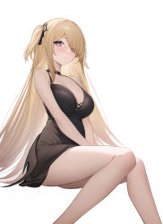 Rule 34 | 1girl, absurdres, aged up, bad id, bad pixiv id, bare arms, bare legs, bare shoulders, black dress, blonde hair, blush, breasts, bright pupils, cleavage, closed mouth, commentary request, cross-laced clothes, dress, feet out of frame, fischl (ein immernachtstraum) (genshin impact), fischl (genshin impact), genshin impact, highres, invisible chair, knees together feet apart, large breasts, long hair, looking at viewer, no eyepatch, red eyes, shibuya (kurokamishain), simple background, sitting, sleepwear, sleeveless, sleeveless dress, solo, thighs, two side up, very long hair, white background, white pupils
