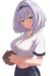 Rule 34 | 1girl, absurdres, alternate costume, ball, baseball, baseball glove, baseball uniform, blush, breasts, cleavage, closed mouth, crop top, from side, green eyes, grey hair, hairband, highres, holding, holding ball, hololive, large breasts, looking at viewer, medium hair, midriff, navel, shirogane noel, shirt, simple background, smile, solo, sportswear, stomach, tied shirt, upper body, virtual youtuber, white background, whitek