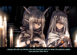 Rule 34 | 2girls, animal ears, arknights, candle, chinese commentary, cishi nianshao, english text, frostnova (arknights), highres, horns, indoors, letterboxed, multiple girls, night, rabbit ears, scar, scar on face, scar on nose, shining (arknights), white hair