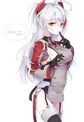 Rule 34 | 1girl, absurdres, azur lane, black gloves, black thighhighs, breasts, closed mouth, commentary request, cross, finger to mouth, garter straps, gloves, hair between eyes, hand to own mouth, hand under clothes, headgear, highres, iron cross, large breasts, long hair, long sleeves, looking at viewer, military, military uniform, mole, mole on breast, natori shichijou, orange eyes, prinz eugen (azur lane), sideboob, silver hair, simple background, solo, thighhighs, translated, two side up, uniform, white background