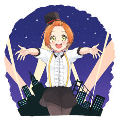Rule 34 | 10s, 1girl, :d, bangs pinned back, blush, bridge, building, city, city lights, cityscape, collar, collared shirt, earrings, eyelashes, forehead, frilled shirt, frills, hat, hello hoshi wo kazoete, hoop earrings, hoshizora rin, jewelry, looking at viewer, love live!, love live! school idol festival, love live! school idol project, mini hat, mini top hat, night, om5han, open mouth, orange hair, outdoors, outstretched arms, pantyhose, puffy short sleeves, puffy sleeves, shirt, short hair, short sleeves, skirt, sky, skyscraper, smile, solo, star (sky), star (symbol), suspenders, tareme, teeth, top hat, white shirt, yellow eyes