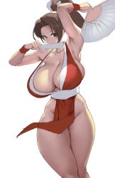 Rule 34 | 1girl, arm up, armpits, bare shoulders, black eyes, breasts, brown hair, cleavage, collarbone, curvy, dress, eu03, fatal fury, folded fan, folding fan, hand fan, high ponytail, huge breasts, legs together, long hair, looking at viewer, midriff peek, mouth hold, no bra, no panties, parted bangs, pelvic curtain, ponytail, red dress, revealing clothes, shiranui mai, simple background, solo, the king of fighters, thighs, unfinished, white background, wide hips