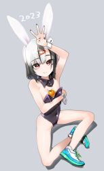 Rule 34 | 1girl, 2023, animal ears, bare legs, bare shoulders, black hair, black nails, breasts, chinese zodiac, covered navel, detached collar, finger counting, food, food between breasts, fruit, full body, gengorou, grey background, hair ornament, highleg, highleg leotard, indian style, leotard, looking at viewer, mandarin orange, multicolored hair, nail polish, original, playboy bunny, rabbit ears, red eyes, shoes, short hair, sitting, small breasts, smile, sneakers, solo, strapless, strapless leotard, two-tone hair, white hair, wrist cuffs, year of the rabbit