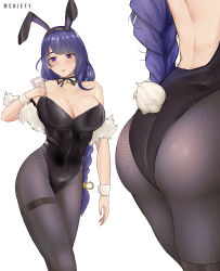 Rule 34 | 1girl, absurdres, animal ears, artist name, backless outfit, black leotard, bow, bowtie, braid, breasts, cleavage, commentary, detached collar, english commentary, fake animal ears, fake tail, feather boa, genshin impact, highres, huge filesize, large breasts, leotard, long hair, looking at viewer, mchiefy, multiple views, open mouth, pantyhose, playboy bunny, purple eyes, purple hair, rabbit ears, rabbit tail, raiden shogun, ribbon, simple background, strapless, strapless leotard, tail, white background, wrist cuffs