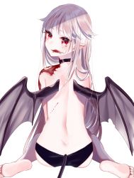 Rule 34 | 1girl, ass, bad id, bad pixiv id, bare legs, barefoot, black choker, black panties, blood, blood on face, blush, brown wings, choker, commentary request, demon girl, demon tail, demon wings, feet, from behind, highres, light brown hair, long hair, looking at viewer, looking back, misumi (macaroni), mole, mole under eye, original, panties, red eyes, simple background, sitting, soles, solo, tail, topless, underwear, underwear only, very long hair, wariza, white background, wings
